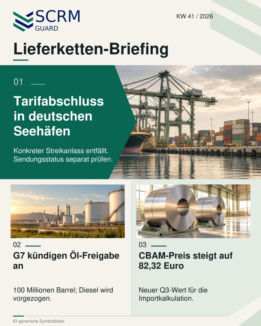 SCRM Guard Lieferketten-Briefing, KW 41 / 2026: Tarifabschluss in deutschen Seehäfen, angekündigte Öl-Freigabe der G7 und CBAM-Preis von 82,32 Euro. KI-generierte Symbolbilder.