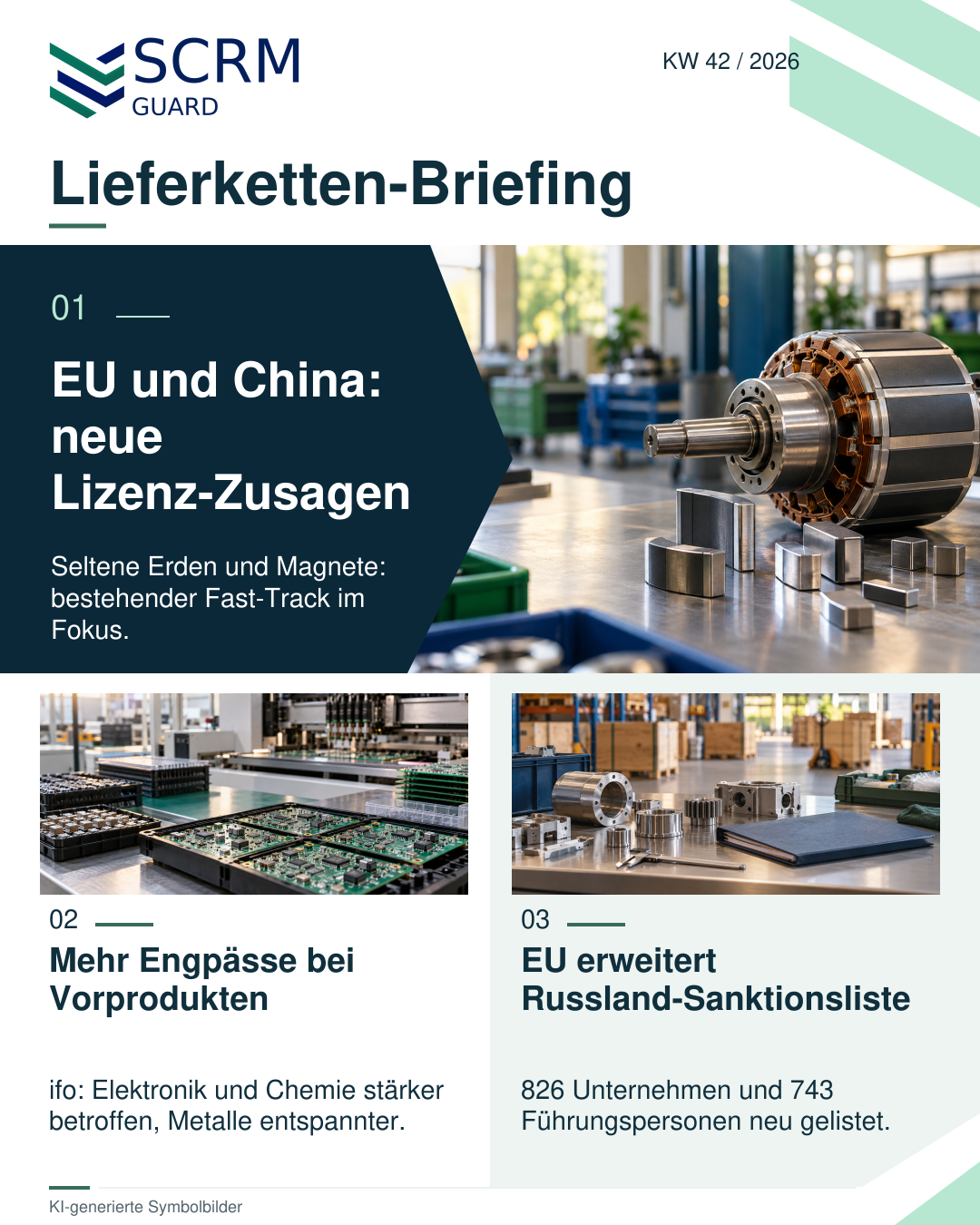SCRM Guard Lieferketten-Briefing, Kalenderwoche 42/2026. Drei Themen: EU-China-Zusagen zur weiteren Erleichterung von Exportlizenzen für Seltene Erden und Permanentmagnete; neue ifo-Zahlen zu branchenspezifischen Materialengpässen; zusätzliche EU-Sanktionslistungen russischer Unternehmen und Führungspersonen. Symbolfotos zeigen Motorbauteile und Magnete, eine Elektronikfertigung und industrielle Komponenten mit Dokumentenmappe im Lager. KI-generierte Symbolbilder, keine dokumentarische Darstellung.