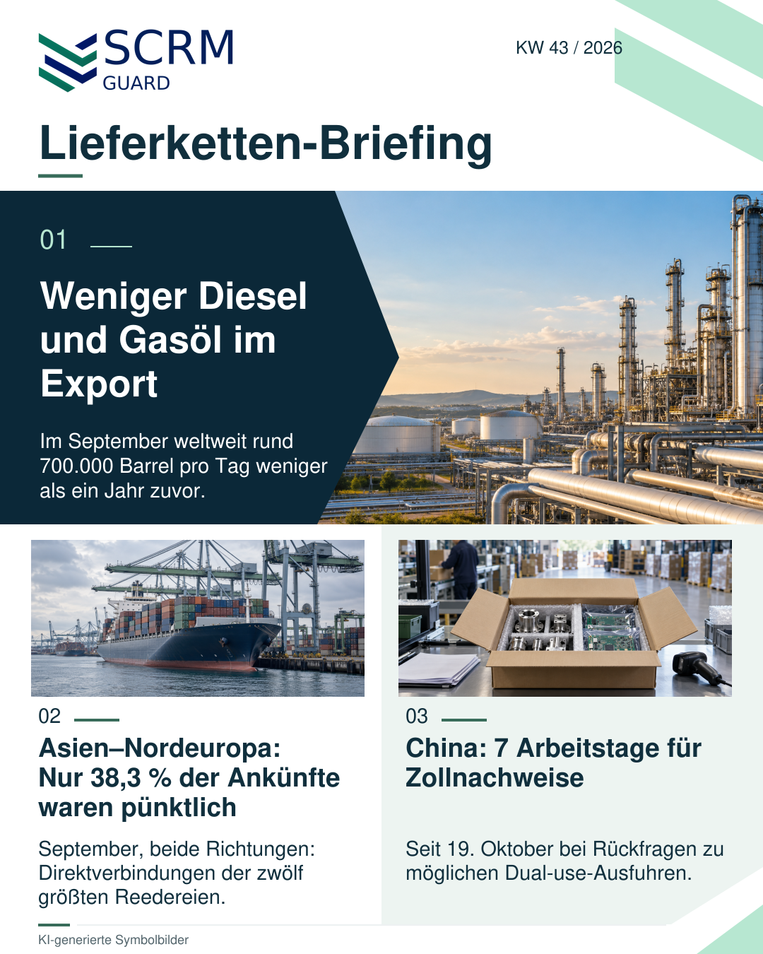 SCRM Guard supply chain briefing for Week 43 / 2026, featuring three topics in a dark blue and green layout. Top: Lower diesel and gasoil exports. Global exports in September were around 700,000 barrels per day below the same month a year earlier. Alongside is an illustrative image of a refinery. Bottom left: Asia–Northern Europe: Only 38.3 per cent of arrivals were on time. The figure covers September vessel arrivals in both directions on direct services operated by the twelve largest shipping lines. The illustrative image shows a container ship. Bottom right: China: 7 working days for customs documentation. Since 19 October, this deadline has applied to queries about possible dual-use exports. Packaged industrial components are shown alongside. The footer identifies all photos as AI-generated illustrative images.